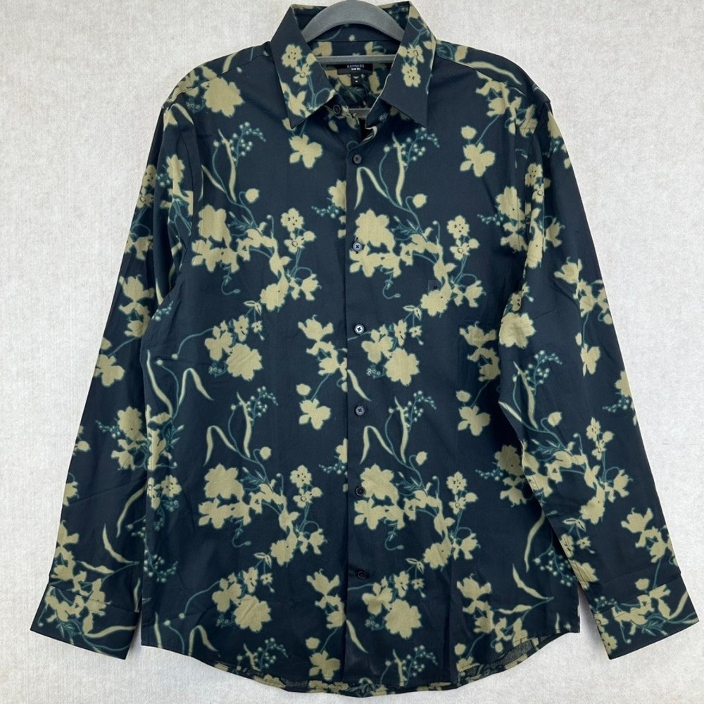 Express Slim Fit Mens Button Down Shirt Floral Print Black Long Sleeve M